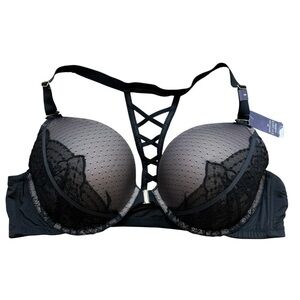 Cacique Women's Push Up Bra 48B Black Lace Front Closure Strappy Racerback